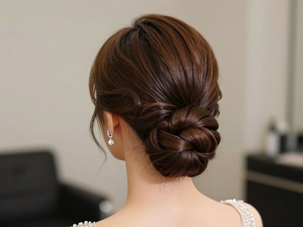 Structured low updo with volume wedding guest hairstyle