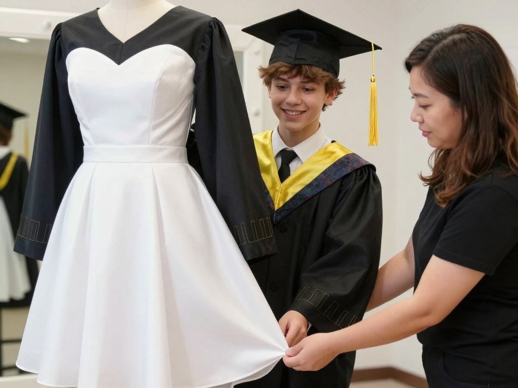 Student trying on 8th grade graduation dress for fitting