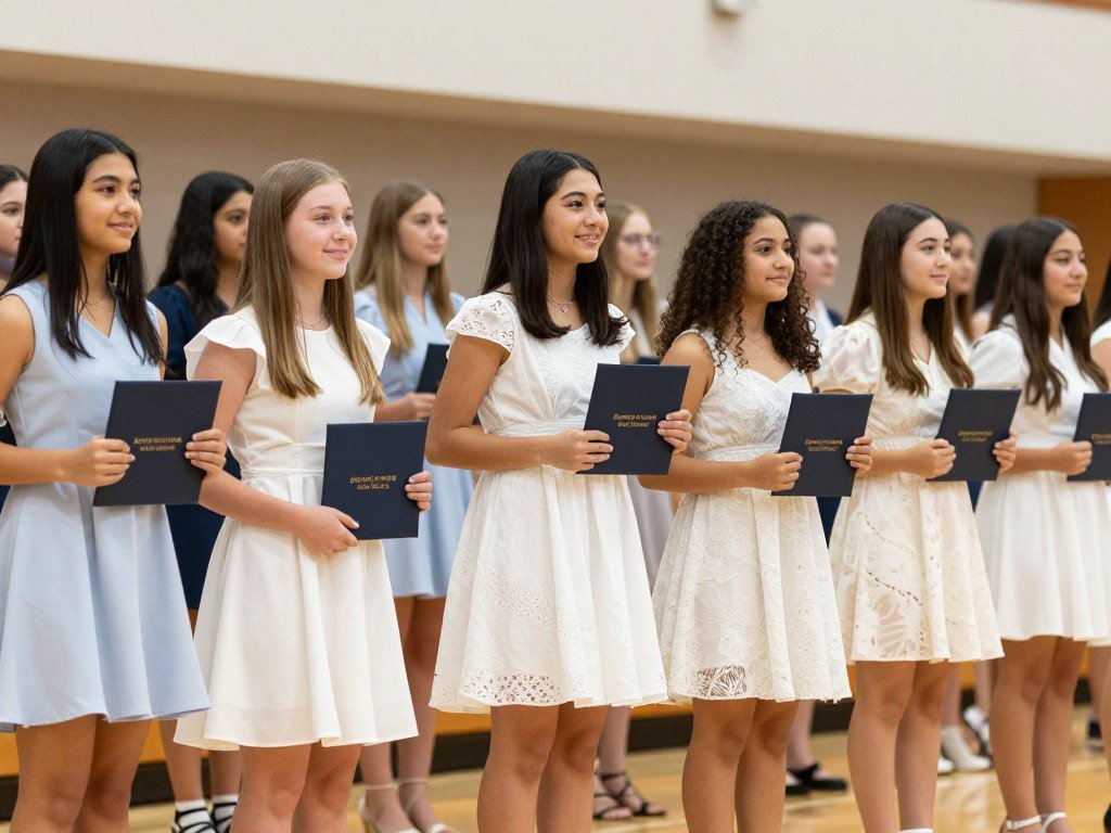 Students in appropriate 8th grade graduation dresses at a ceremony