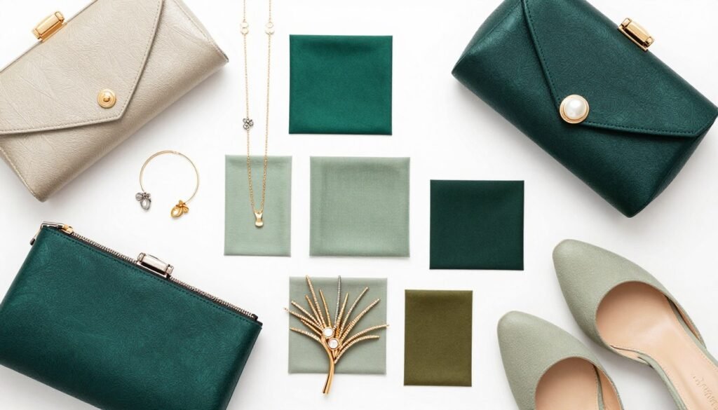 Styled accessories collection for green wedding guest dresses