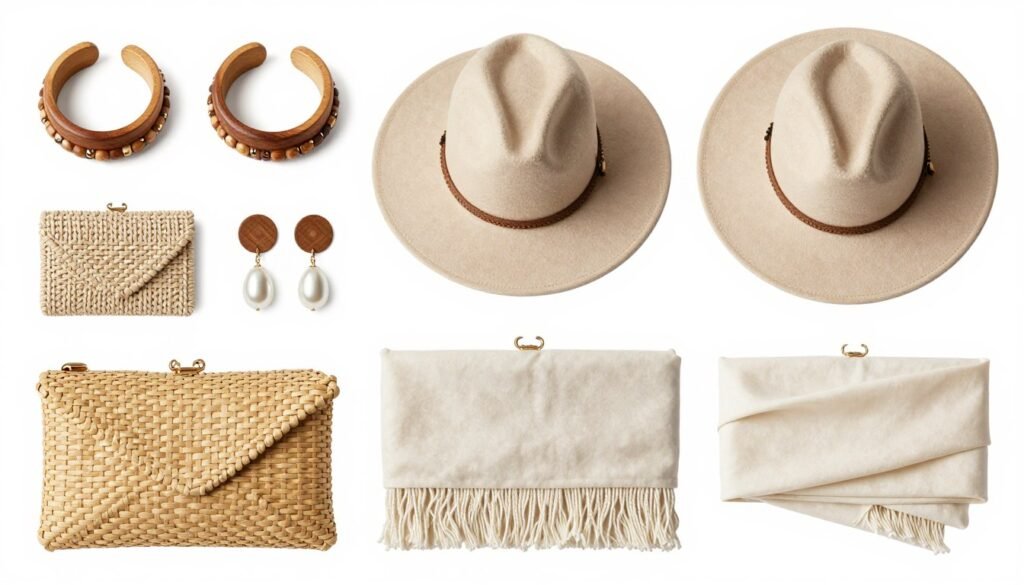 Styled collection of country wedding appropriate accessories including natural jewelry, hats, and clutches