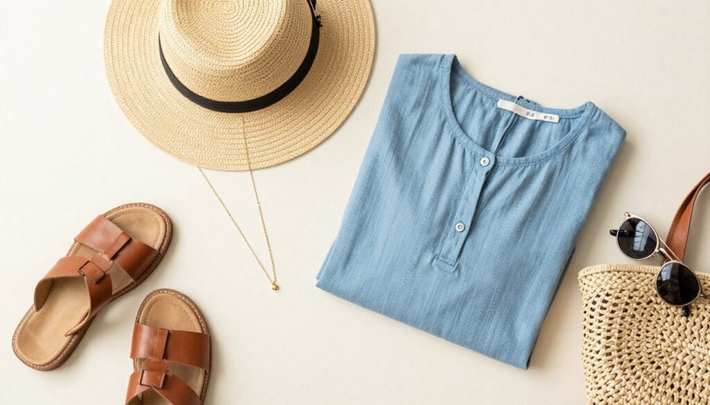 Styled flat lay of summer accessories including straw hat, sandals, and jewelry next to a casual summer dress