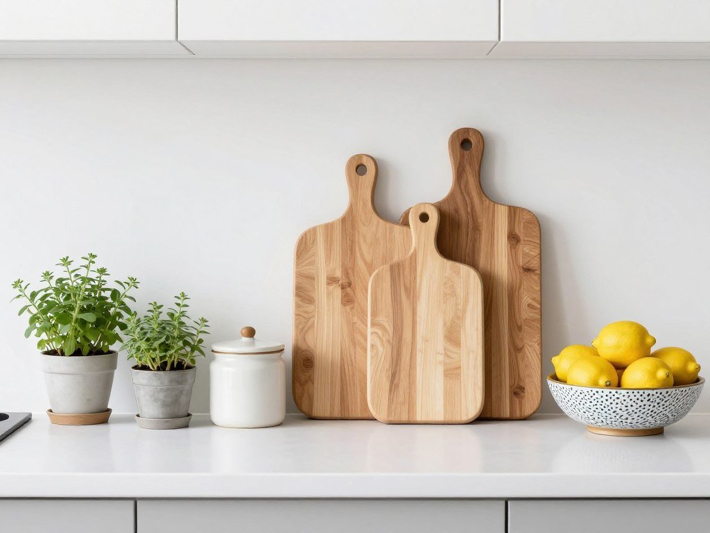 Styled kitchen countertop with plants, cutting boards, and decorative items