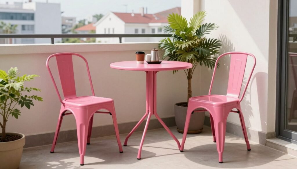 Stylish bistro set on a small balcony with city views