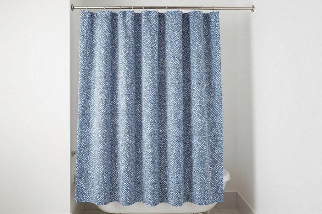 Stylish patterned shower curtain that adds color and personality to a small bathroom