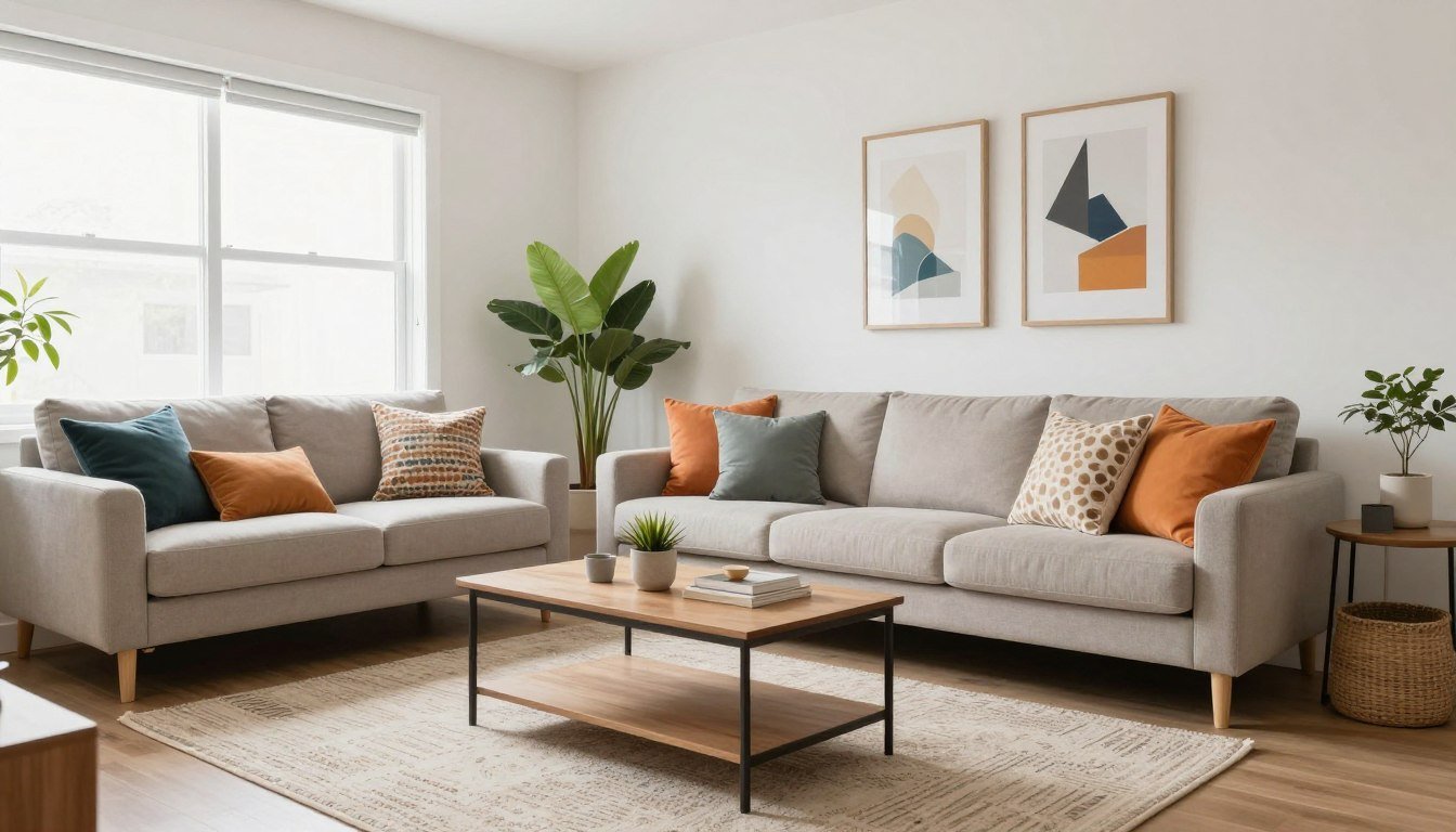 Stylishly decorated rental living room with budget-friendly elements including throw pillows, plants, and wall art