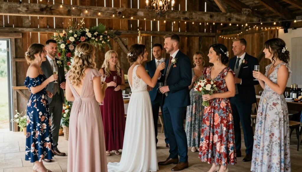 Stylishly dressed guests enjoying a country wedding celebration in a beautifully decorated rustic setting