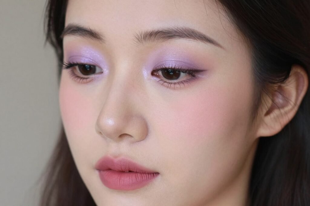 Subtle color pop wedding guest makeup with lavender accent