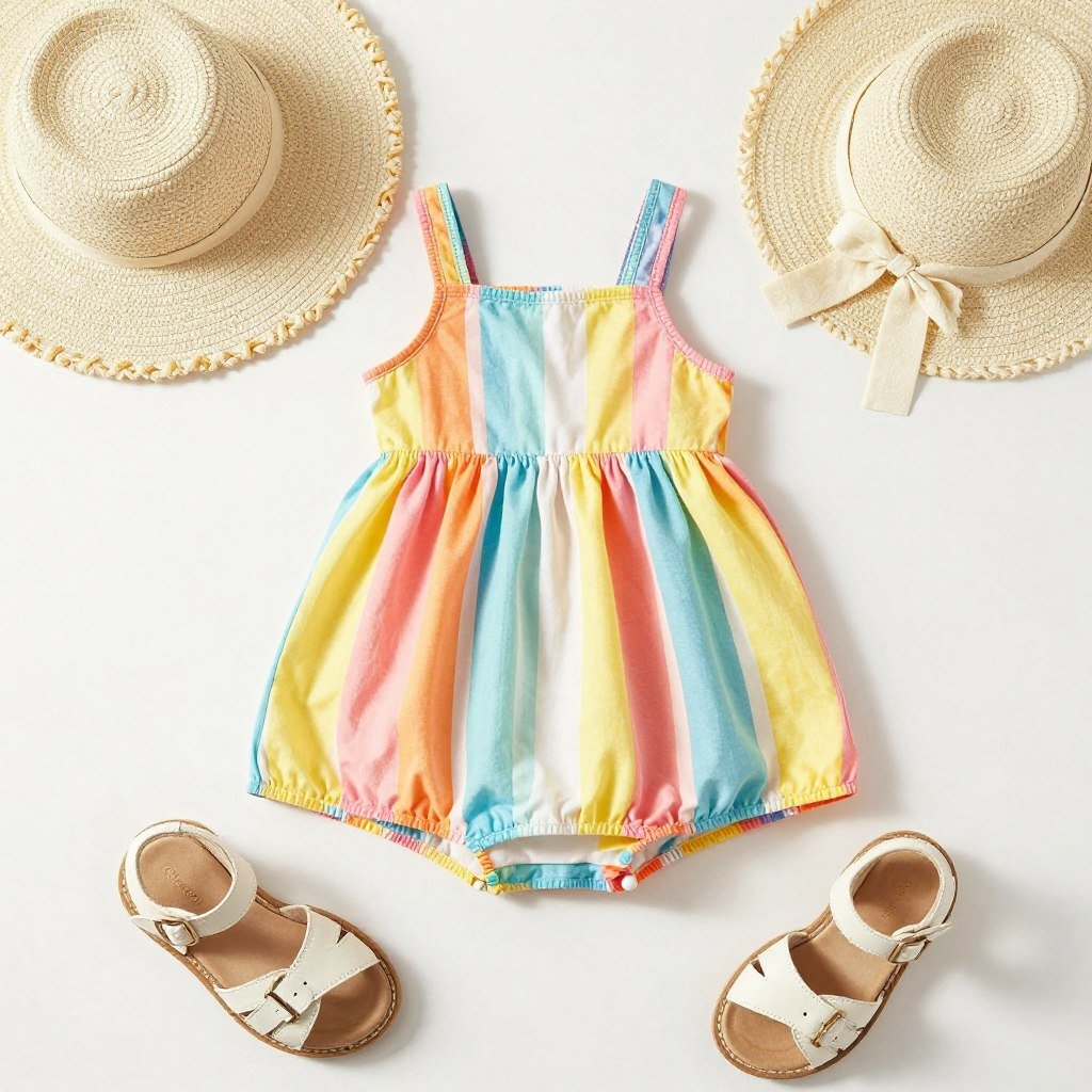 Summer babydoll dress in bright color with sandals and sun hat
