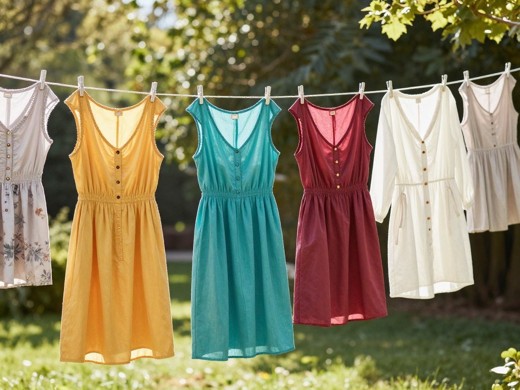 Summer dresses hanging on a clothesline outdoors