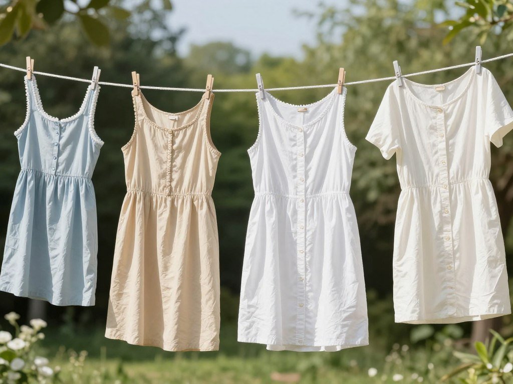 Summer dresses hanging to dry in natural sunlight