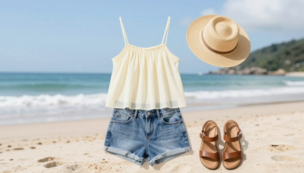 Summer outfit with lightweight babydoll top paired with shorts