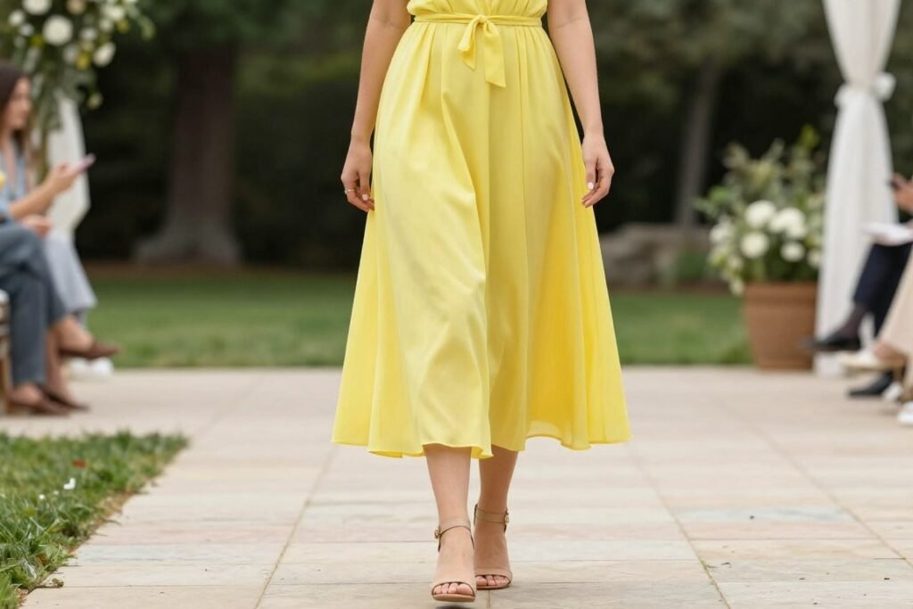 Summer wedding guest outfit with bright colored dress