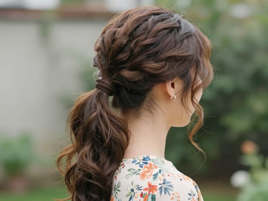 Textured low ponytail wedding guest updo