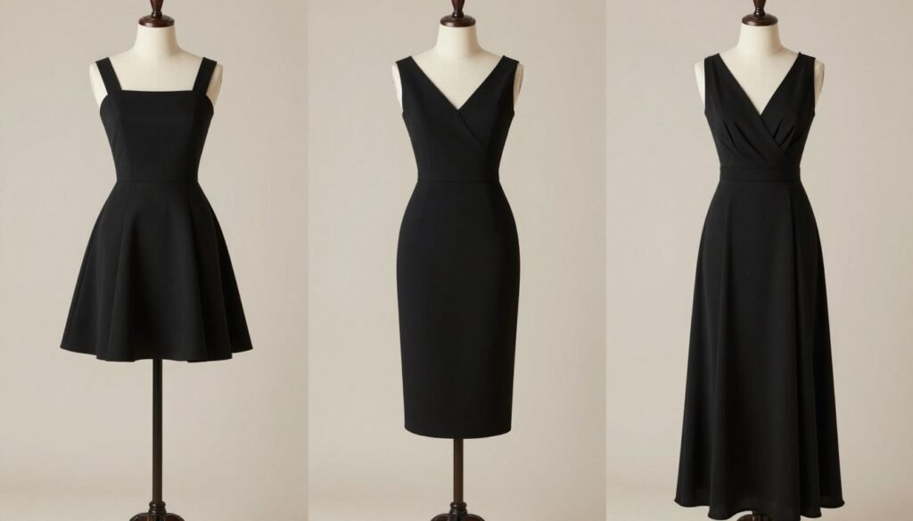 Three black graduation dresses of different lengths - mini, midi, and maxi - displayed side by side