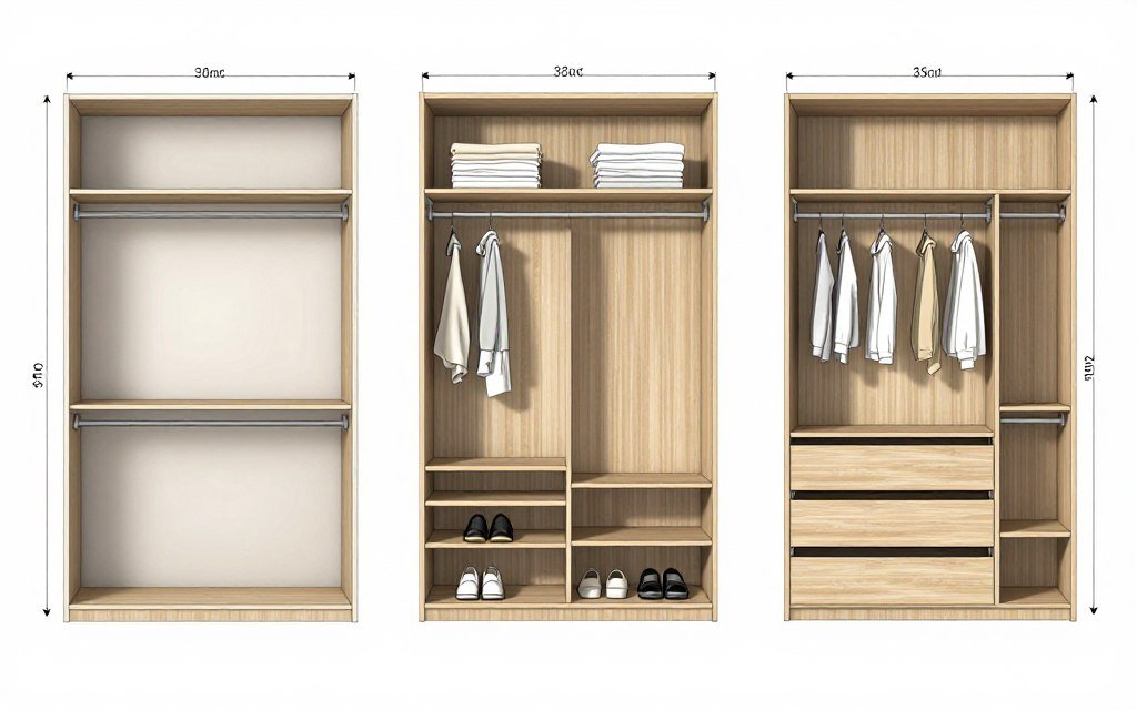 Three different DIY walk in closet layout designs showing options for various budget levels and space constraints Three different DIY walk in closet layout designs showing options for various budget levels and space constraints