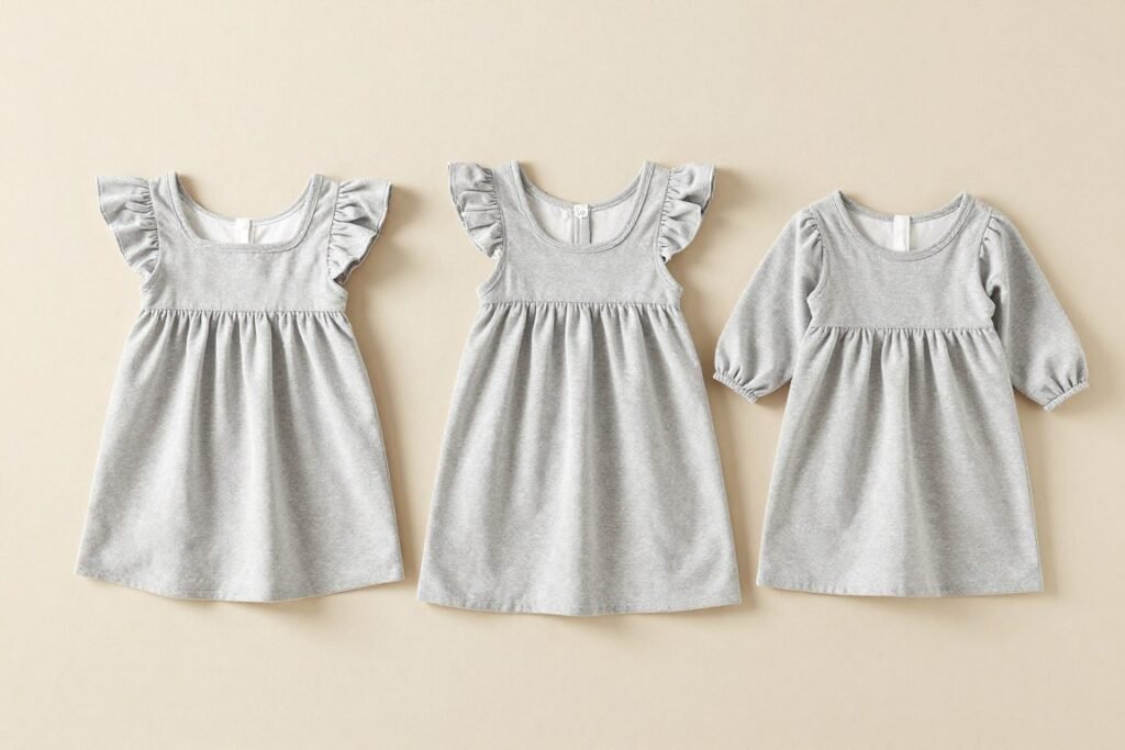 Three different babydoll top styles showing various necklines and sleeve options