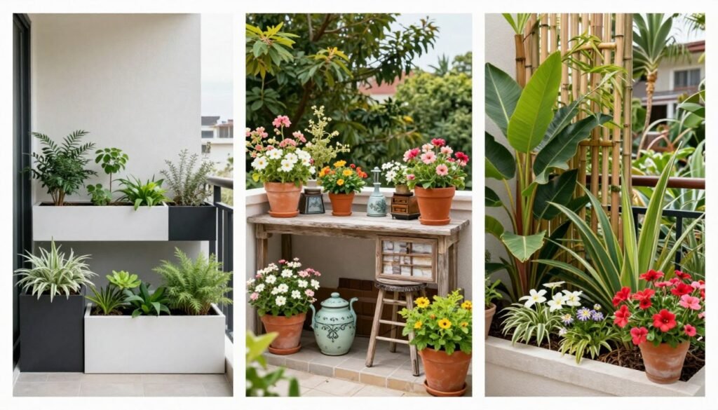 Three different balcony garden styles side by side: modern minimalist, cozy cottage, and tropical oasis