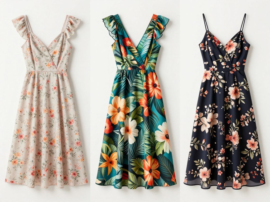 Three different floral wedding guest dresses showcasing various print sizes and color palettes for different occasions