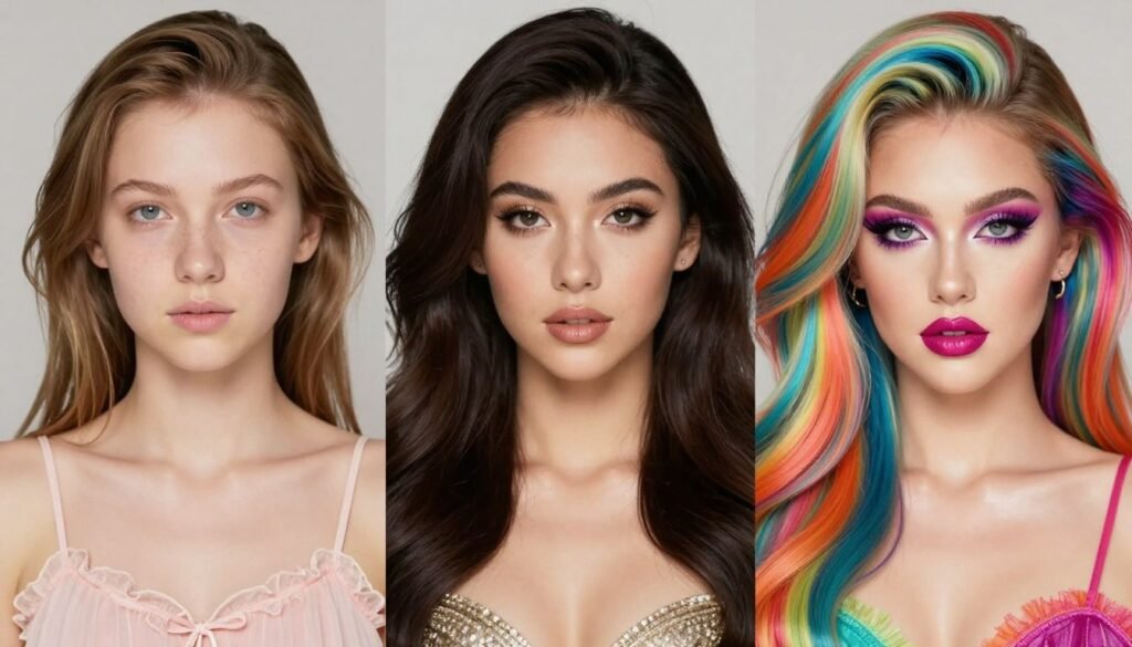 Three variations of babydoll makeup for different occasions