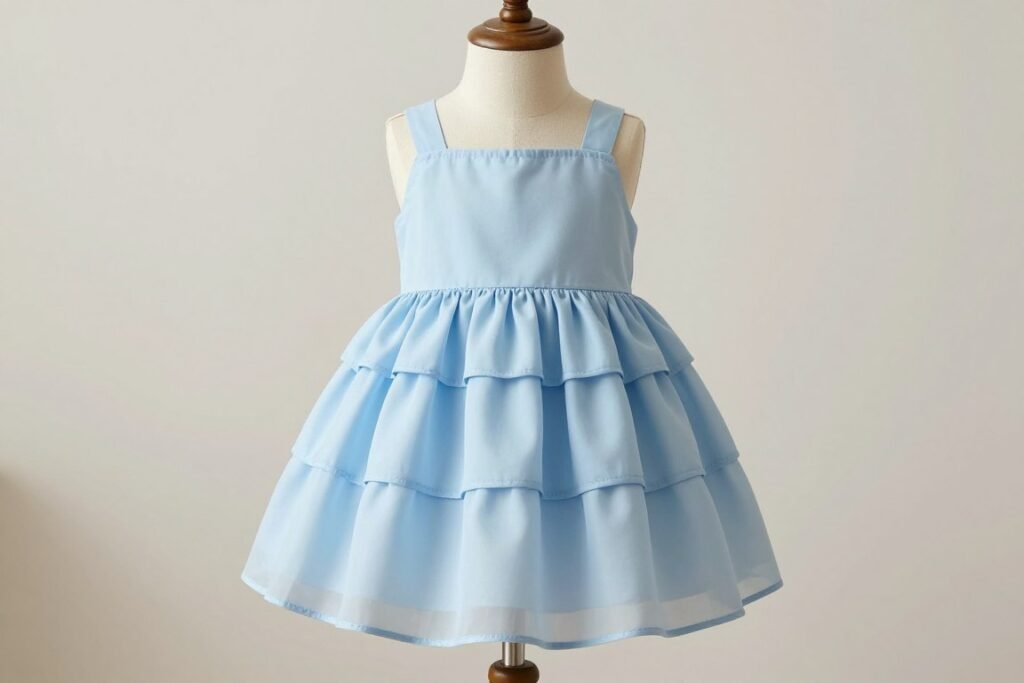 Tiered babydoll dress in light blue showing multiple fabric layers