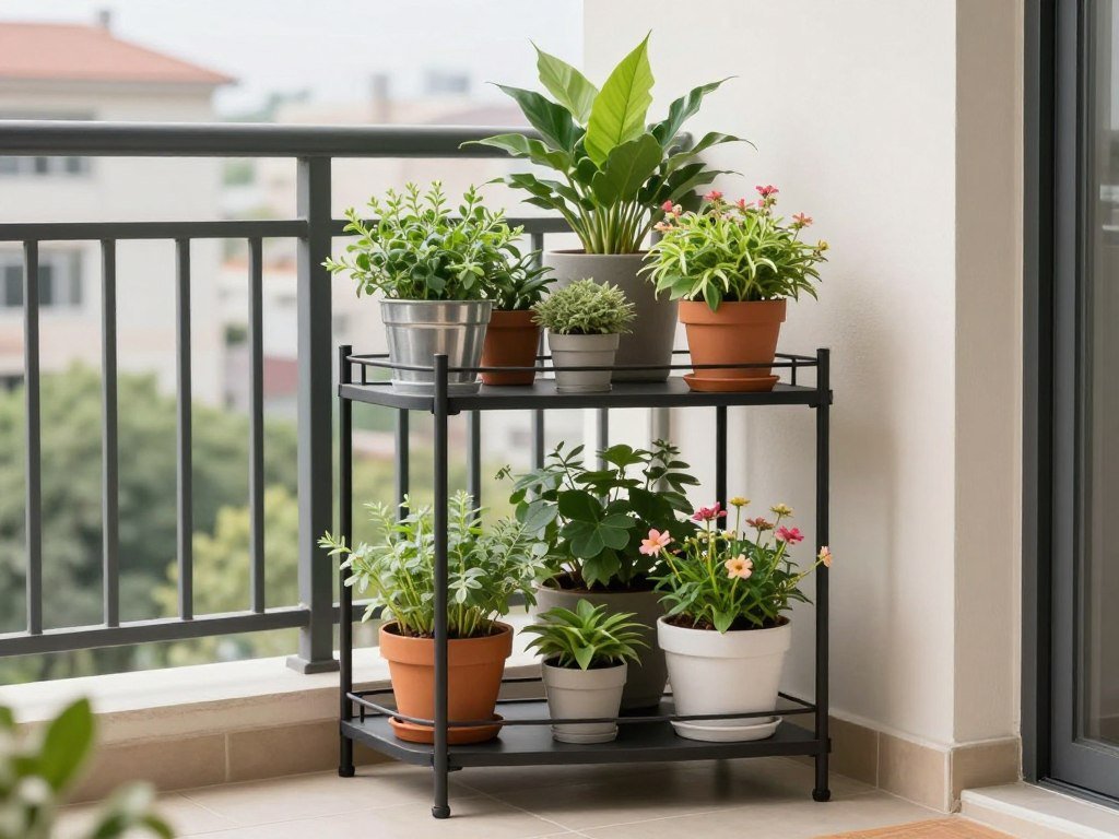 Tiered plant stand with multiple plants on a small balcony