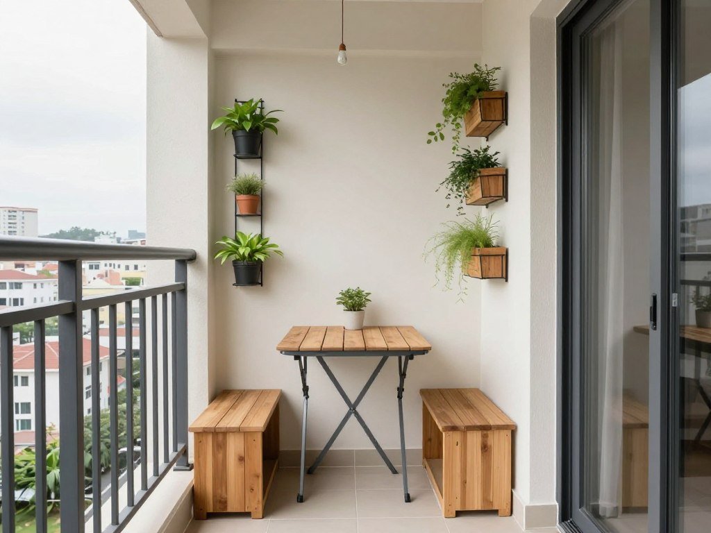Tiny apartment balcony with space-saving furniture and vertical storage solutions