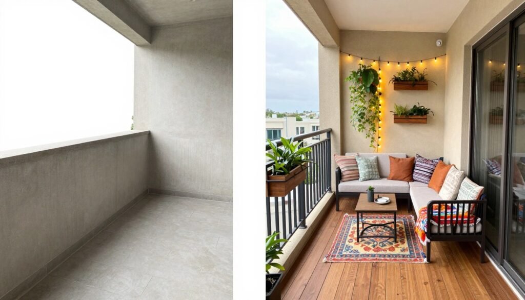 Transformed apartment balcony showing before and after with multiple ideas implemented