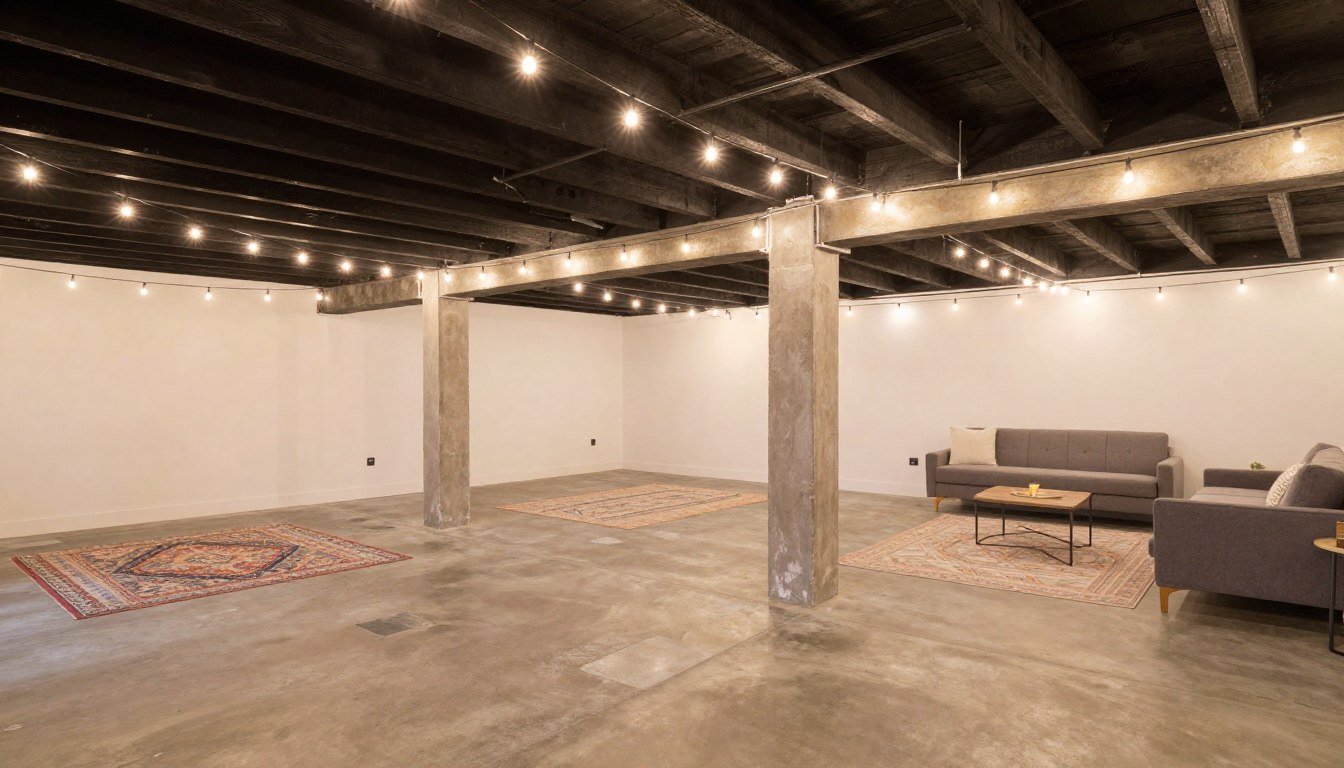 Transformed unfinished basement with budget-friendly decor showing concrete floors, exposed ceiling, and defined zones