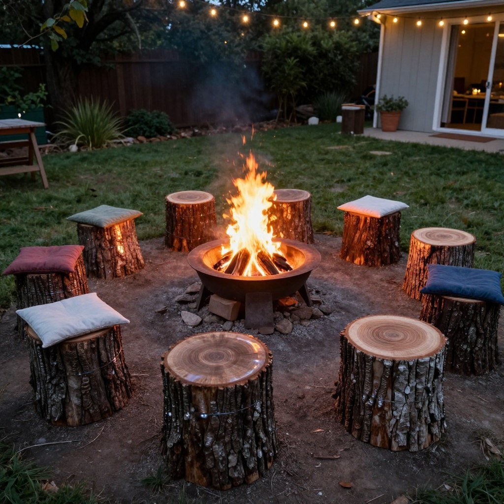 Tree stump seating around a fire pit in a backyard, easy backyard ideas on a budget