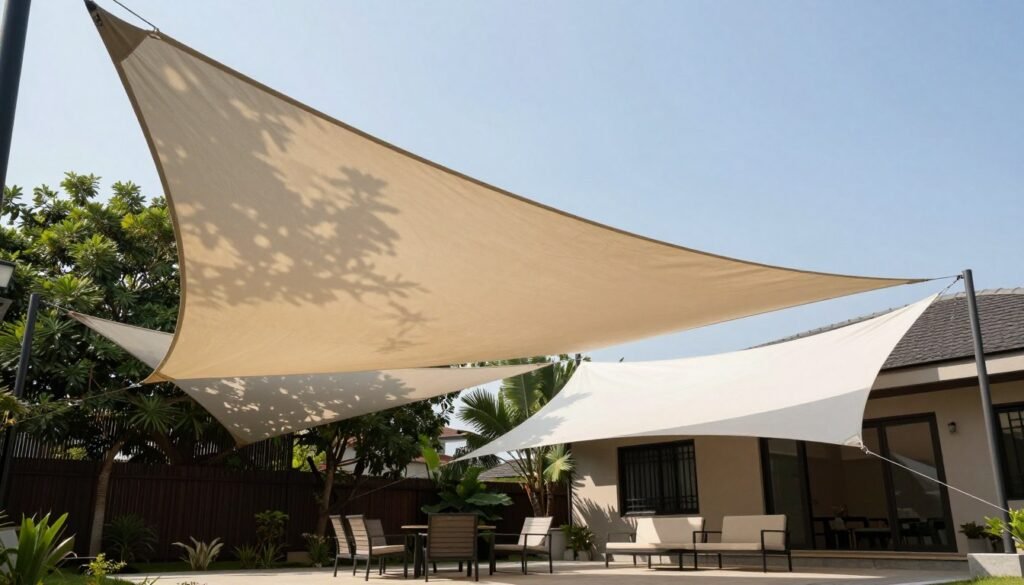Triangular shade sails creating a modern shade area over a seating space, easy backyard ideas on a budget