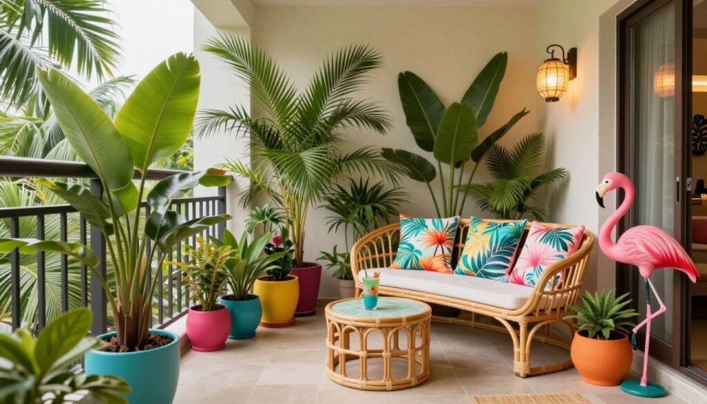 Tropical-styled apartment balcony with lush plants, bright colors, and resort-inspired furniture