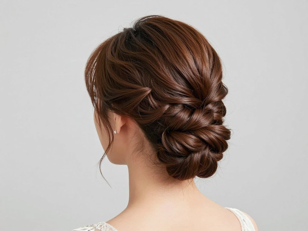 Twisted low bun wedding guest updo with loose pieces