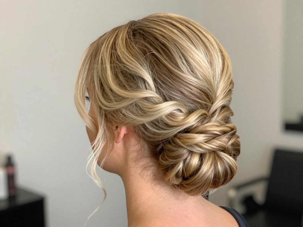 Twisted side bun updo for wedding guest with medium length hair