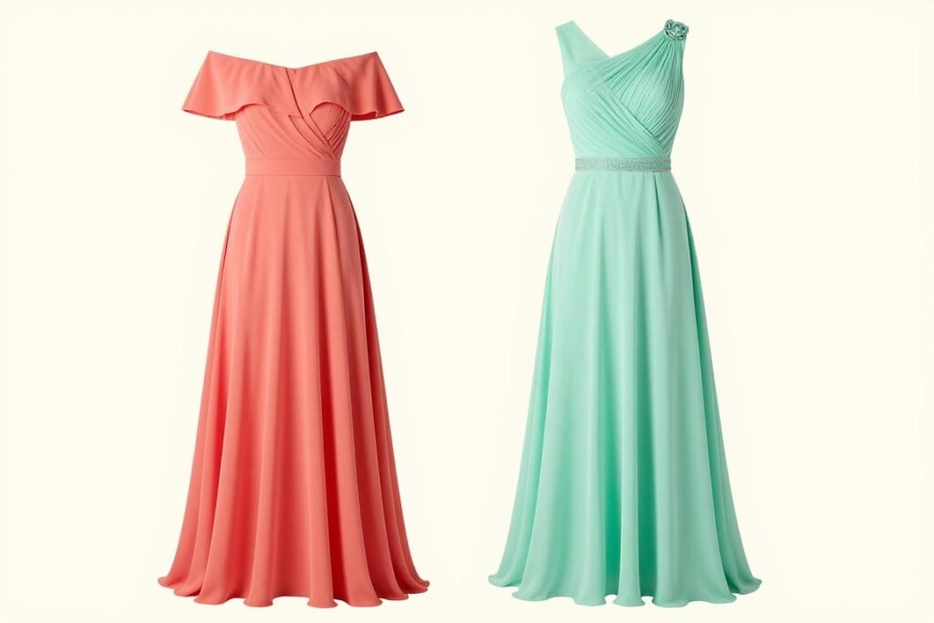Two dresses with distinctive necklines - one off-shoulder in coral and one one-shoulder in mint green