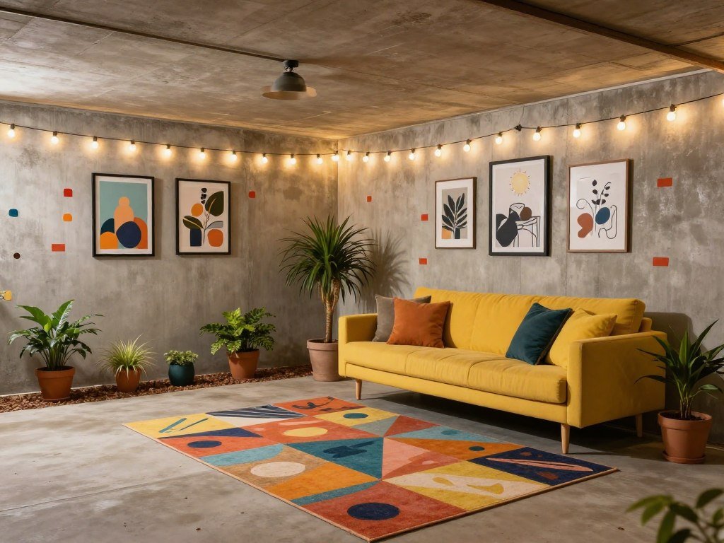 Unfinished basement with budget-friendly decor including textiles, wall art, and plants