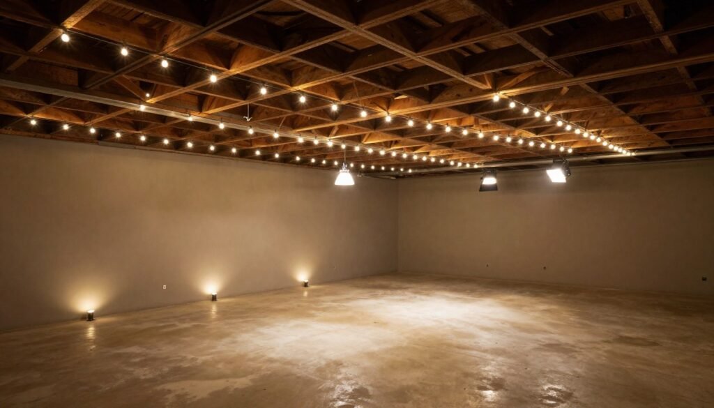 Unfinished basement with creative lighting solutions including string lights and shop lights