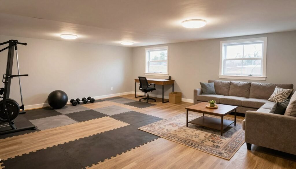 Unfinished basement with multiple functional zones including home gym and entertainment area