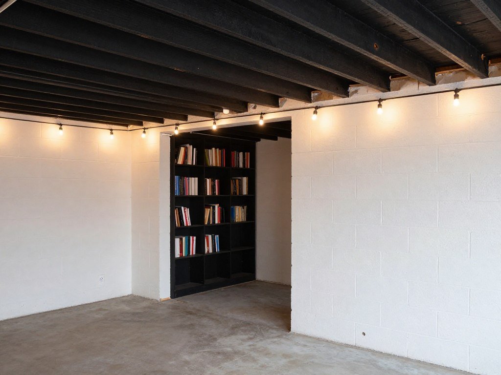 Unfinished basement with painted black ceiling joists and creative wall treatments
