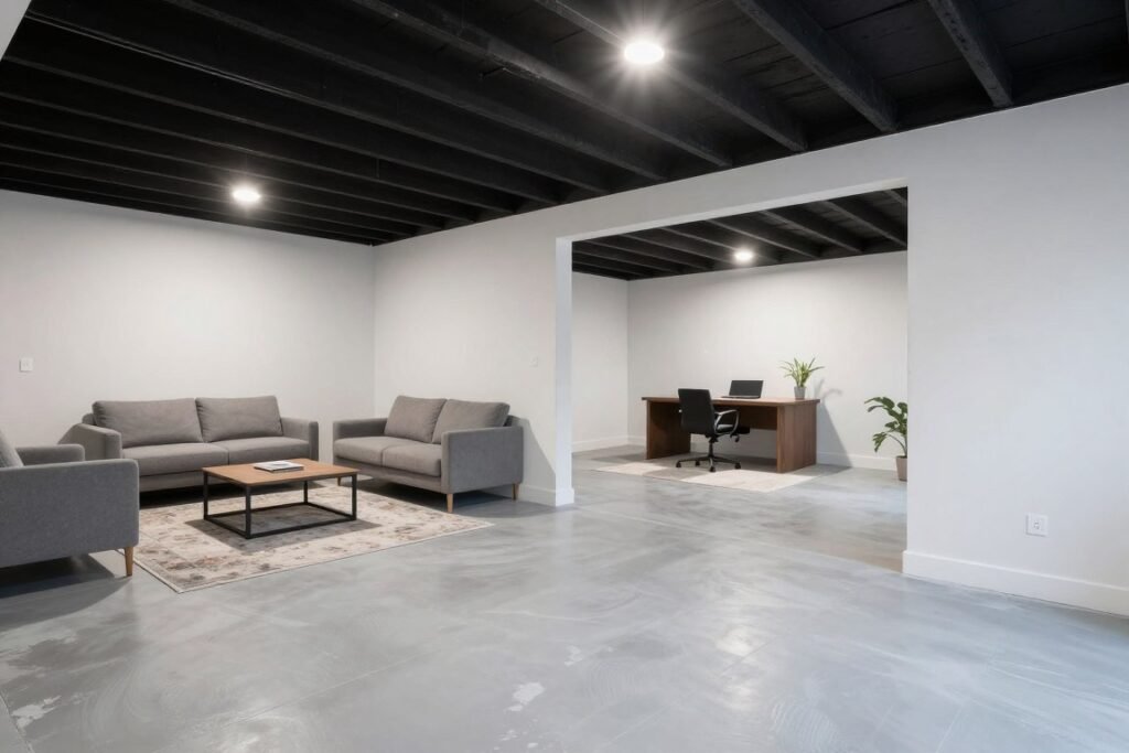 Unfinished basement with painted concrete floor and area rugs defining different zones