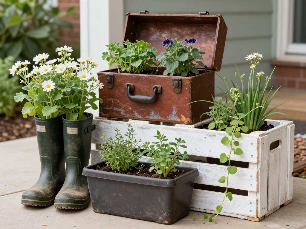 Upcycled items like old boots and toolboxes used as planters on a budget patio