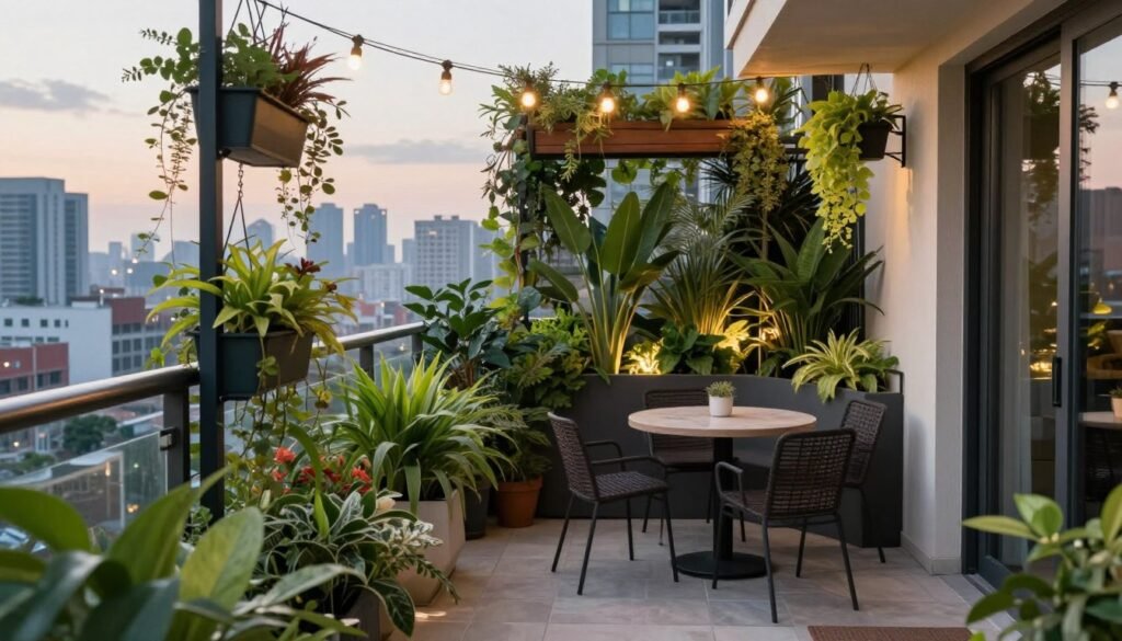Urban oasis balcony with plants and compact furniture Urban oasis balcony with plants and compact furniture