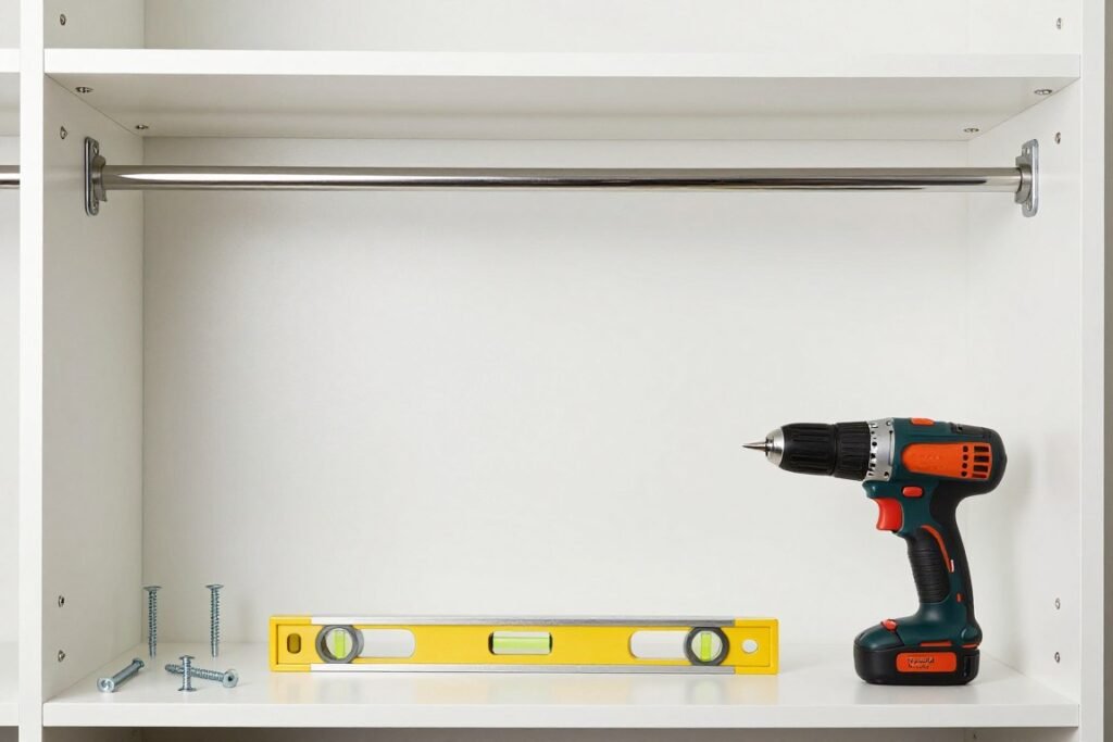 Various budget-friendly closet materials including melamine shelving, brackets, and closet rods laid out for a DIY project Various budget-friendly closet materials including melamine shelving, brackets, and closet rods laid out for a DIY project