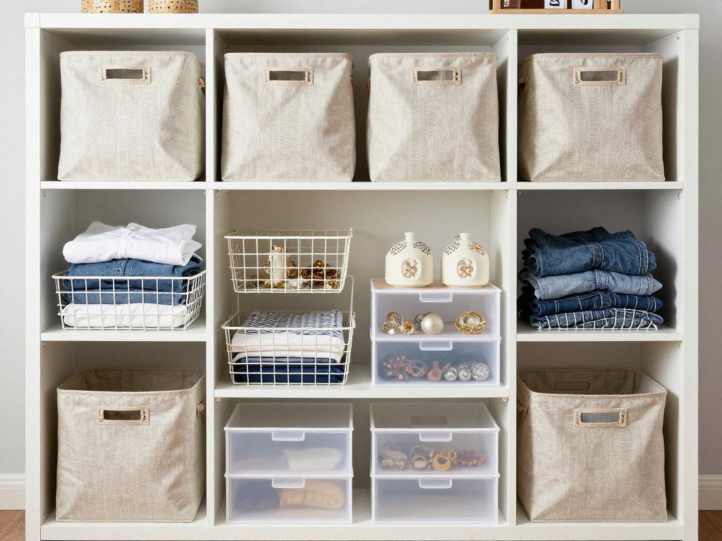 Various budget-friendly storage bins, baskets, and organizers arranged in a DIY walk in closet Various budget-friendly storage bins, baskets, and organizers arranged in a DIY walk in closet
