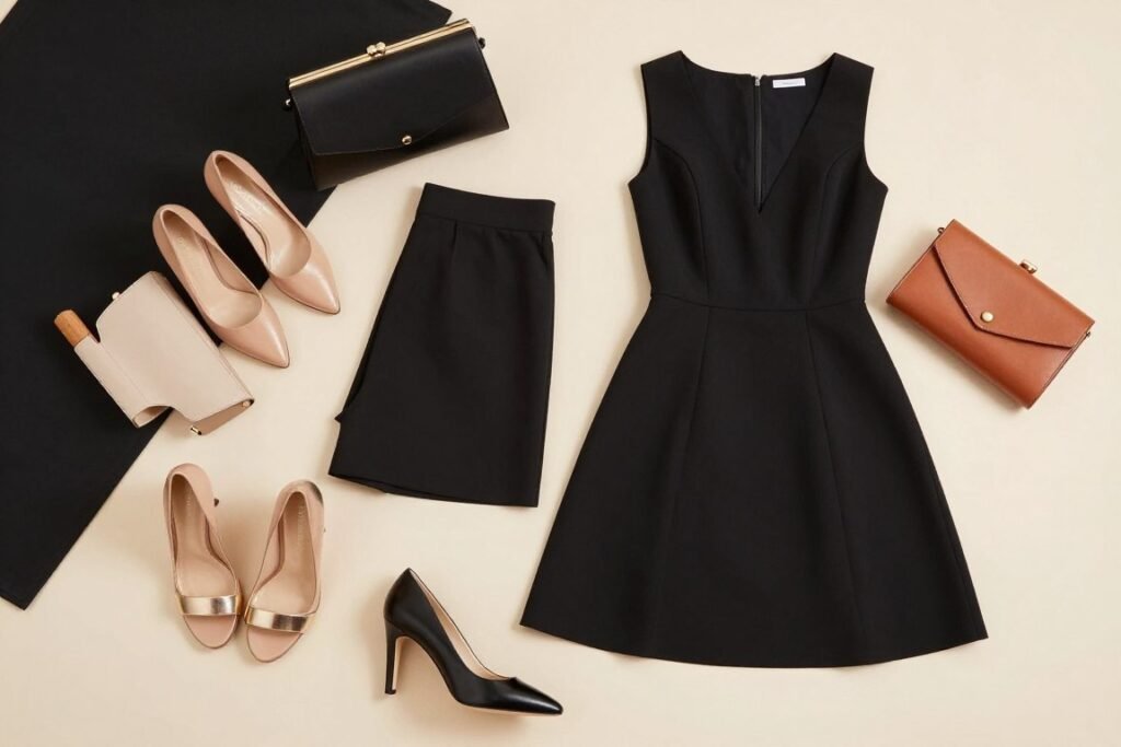 Various footwear and bag options to pair with a black graduation dress