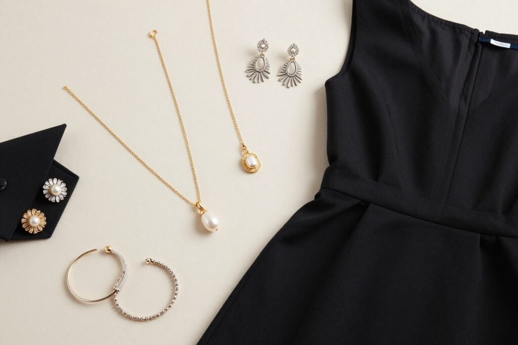 Various jewelry pieces that complement a black graduation dress including earrings, necklaces, and bracelets