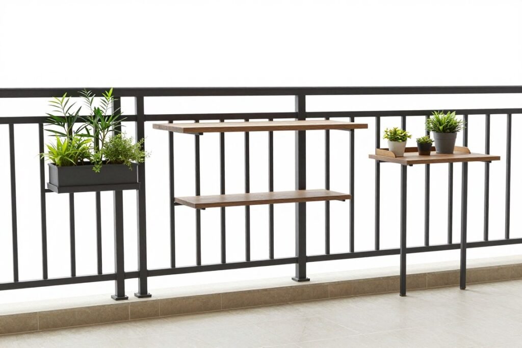 Various railing-mounted furniture solutions for balconies