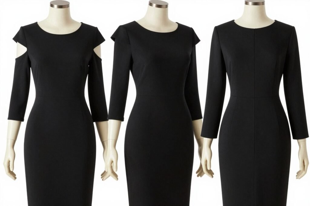 Various sleeve styles for black graduation dresses including cap sleeves, three-quarter, and long sleeves