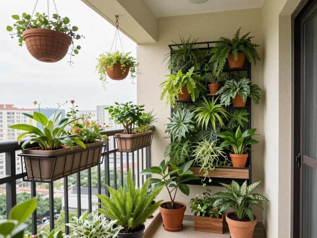 Various space-saving planters arranged on a small balcony including hanging baskets, railing planters, and vertical garden systems