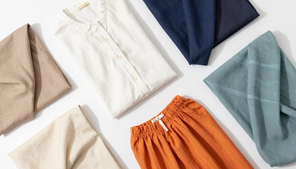 Various summer dress fabrics displayed in a bright, airy setting